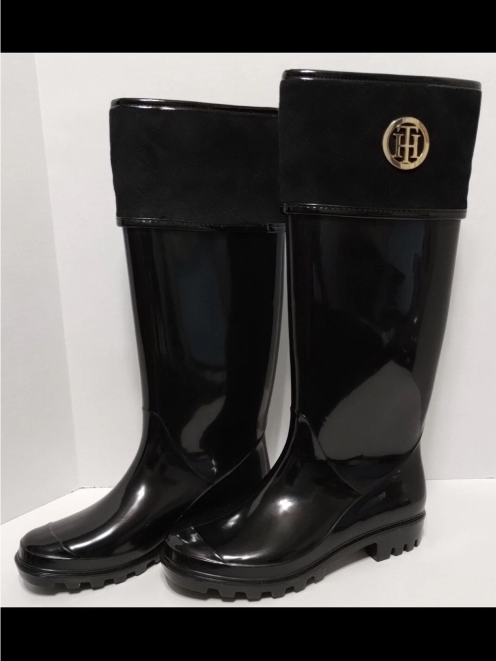 Tommy Hilfiger Black Glossy Rain Boots with Gold Emblem